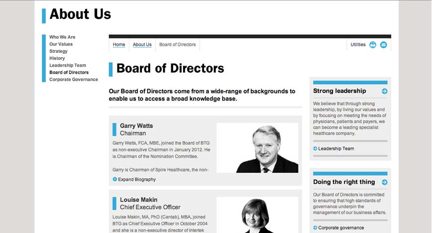 BTG board of directors screenshot